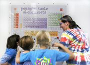 Jena Whetstine (right), a graduate student in chemistry and volunteer at Camp Chemistry, blends in well with the colors of the periodic table she is showing to Girl Scouts.